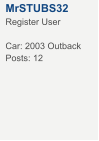 MrSTUBS32 Register User  Car: 2003 Outback Posts: 12