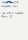 SayWhat82 Register User  Car: 2004 Forester Posts: 36